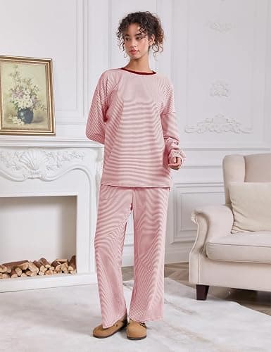 MISSACTIVER Women's 2 Piece Striped Lounge Set Long Sleeve Oversized T-Shirt Wide Leg Pants Matching Pajamas Set thumbnail 5