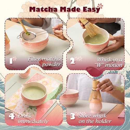 Matcha Tea Set, 8 Pcs Japanese Matcha Kit with Cherry Blossom and Wave Design Ceramic Bowl, Bamboo Whisk, Whisk Holder, Scoop, Sifter, Brush, Matcha Kit Set for Matcha Lovers (Pink Gradient) thumbnail 7