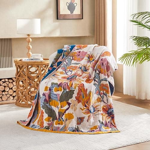 XIBLC Boho Throw Blanket, 100% Cotton Ultra Soft Luxury Throw Rustic Quilt, 50"x60" Floral Bird Butterfly Farmhouse Decor Bed Blankets, All Season Rustic Reversible Bohemian Throw for Bed - Yellow thumbnail 2