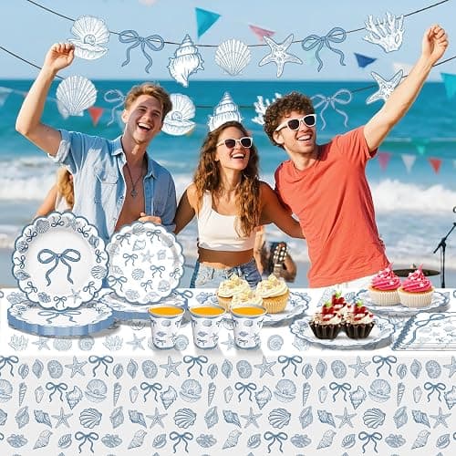 Seashell Party Decorations Ocean Sea shell Party Plates Supplies Blue Bow Seashell Paper Plates Napkins Tablecloth for The Summer I Turned Pretty Party Decorations, Serves 24 thumbnail 6