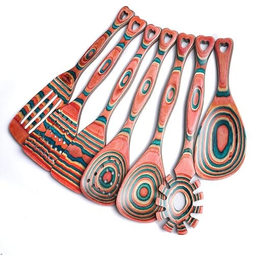 Gudamaye Pakkawood 7-Piece Wooden Cooking Utensils, Wooden Spoons for cooking, Wooden Utensil set, Pinkish-Orange Pakkawood Cooking Spoons, Non-Stick Spoon, Pakkawood kitchen utensils - Image 1