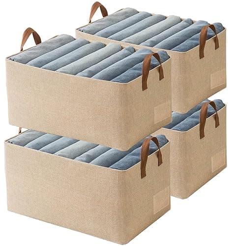 AARAINBOW Linen Closet Organizer Storage Bin with Steel Frame, Stackable Fabric Jeans Baskets for Shelves, 4 Packs Foldable Wardrobe Clothes Box for Sweater Pants Clothing Towel Shirt Felt, 23L Beige - Image 1