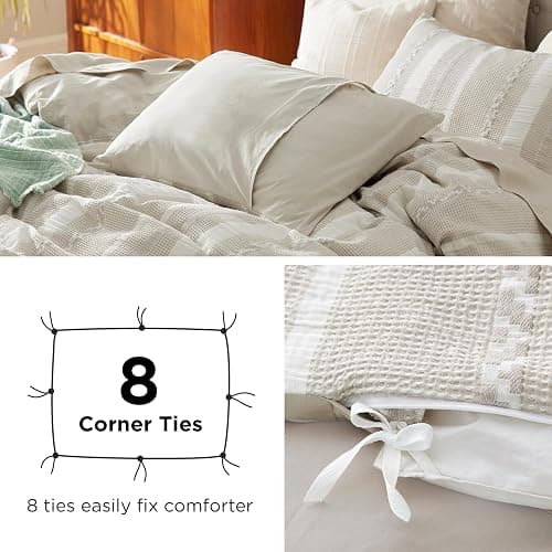 Bedsure Waffle Weave Duvet Cover King - 100% Cotton Boho Duvet Cover with 2 Pillowcases - Linen Color Textured Comforter Cover with Zipper Closure (King, 104"x90") thumbnail 2