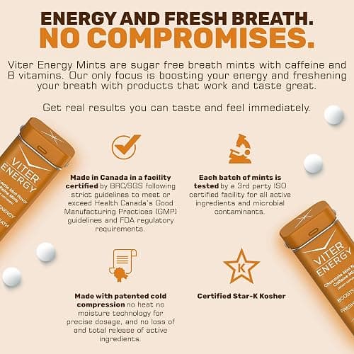 Viter Energy Caffeinated Mints 40mg Caffeine, B Vitamins, Sugar Free. (Chocolate Mint, 20pcs, 6 Pack) thumbnail 5