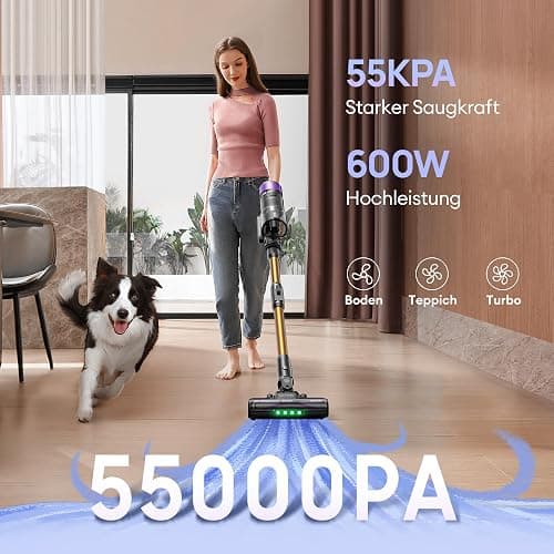 Ultenic U20 Akku Staubsauger, 55000Pa/ 600W/60Min Staubsauger Kabellos Mit Selbststehendes Design, Flexibles Biegegelenk, GreenEye-Technologie, Anti-Tangle Bodenbürste für Hartböden Teppiche Tierhaare thumbnail 2