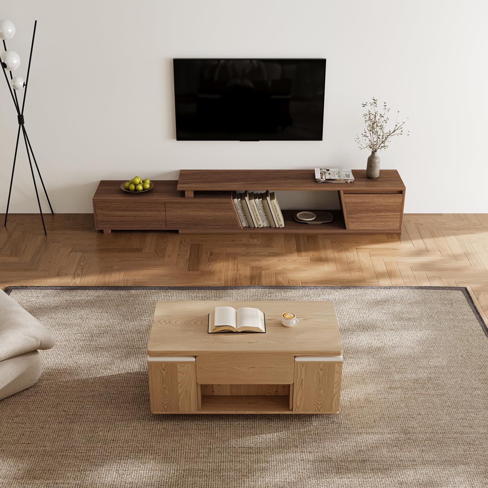Homary Lift-up Wooden Coffee Table with 4 Hidden Soft Chairs, Hydraulic Swivel, Extendable Dining & Work Table, Built-in Storage, Space-Saving for Living Rooms & Flats thumbnail 9