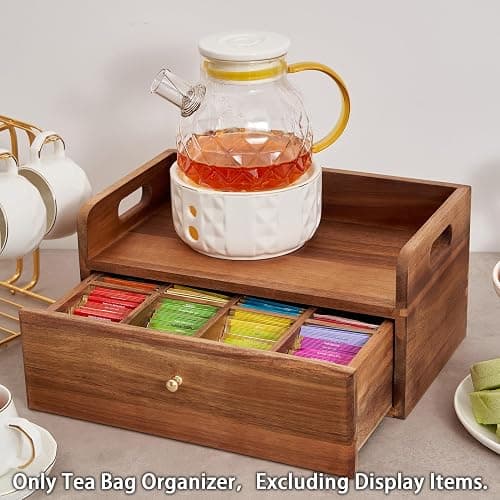 SARUFO Acacia Wood Tea Bag Organizer with Drawer - Tea Station Chest and Storage Box, Coffee and Teabag Holder with 8 Compartments, Containers and Boxes for Countertop Display thumbnail 5