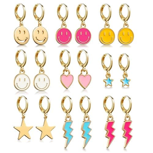 9 pairs /18 pairs, college style earrings, fashion personality Hypoallergenic Earrings for Girls smile heart star lightning and colorful pendant, make you look more vibrant, energetic, young - Image 1