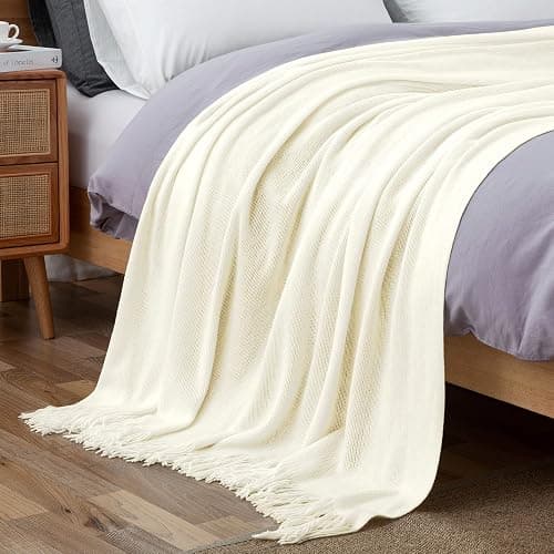 Vonty Ivory White Knitted Blanket with Tassels Fringe 50" x 60", Super Soft Knit Throw Blanket, Farmhouse Decorative Lightweight Blanket for Couch, Sofa, Bed thumbnail 5