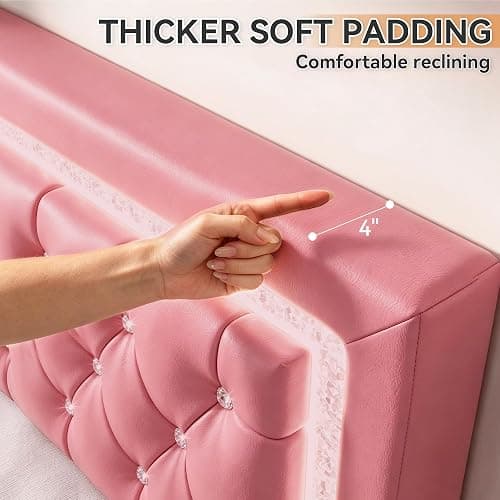 FreeHouse Floating Bed Frame Queen with LED Lights, Faux Leather Upholstered Bed Frame with Diamond Tufted Headboard, Solid Wood Slats, Noise Free, No Box Spring Needed, Easy Assembly,Pink thumbnail 7