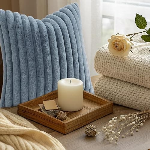 decorUhome Fall Cozy Faux Fur Throw Pillow Covers 16x16 Set of 2 Decorative Soft Plush Striped Modern Farmhouse Boho Couch Pillow Cases with Velvet Back for Sofa Bed Living Room, Grey Blue thumbnail 9