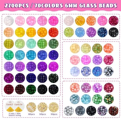 6mm Glass Beads for Bracelets, 2700pcs 70 Colors Crackle Glass Beads for Jewelry Making, Funtopia Round Crystal Beads for DIY Necklace Crafts with Spacer Beads, Solid and Floral Colors thumbnail 3