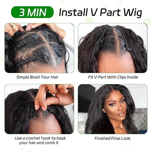 Forevermore Yaki Straight V Part Wig Human Hair Kinky Straight Vpart Human Hair Wig For Black Women 16 Inch Upgrade Glueless U Part Wig Half Wigs Clips In No Leave Out 180% Density Natural Color thumbnail 7