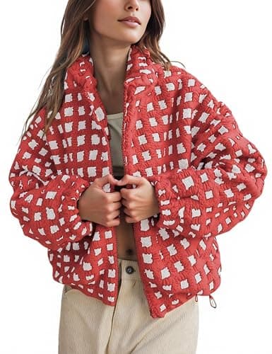 Lianlive Women Winter Sherpa Fleece Jacket Long Sleeve Zip Up Checkered Fuzzy Cropped Coats Warm Outwear with Pockets - Image 1