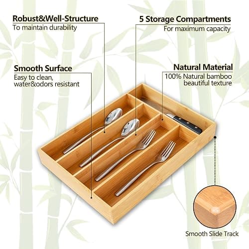 SUNBREATH Silverware Organizer, 10 Inch Utensil Organizer Kitchen Drawer Organizer Bamboo Silverware Holder Cutlery Tray Organizer in Drawer Flatware Organizer Tray(5 slots, Natural thumbnail 3