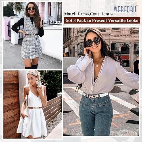 WERFORU 3 Pack Women Skinny Elastic Waist Belt Gold Buckle Stretchy Thin Belt for Jeans Dress thumbnail 4