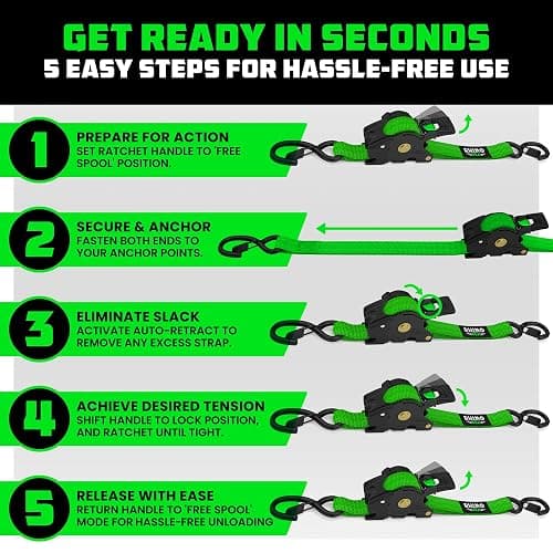 Rhino USA Retractable Ratchet Straps (4-Pack) - 1 Inch x 10 Feet (1,209lb Break Strength) - Auto Self Retracting Tie Down Straps for Truck, Cargo Trailer, Motorcycle, ATV, UTV - Green thumbnail 6