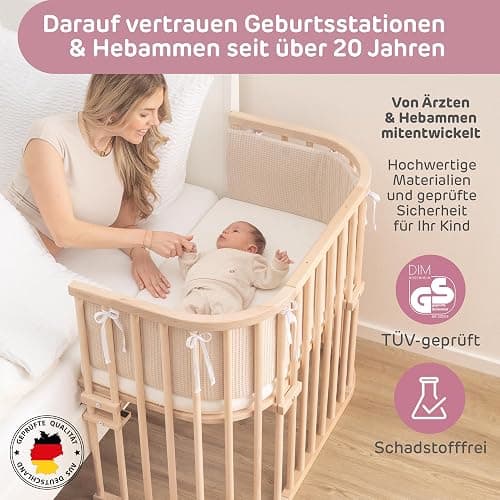 babybay Maxi lit cododo en Bois de hêtre Massif/Compact et modulable/Hauteur du lit réglable en continu/lit bébé évolutif (Naturel Non traité) / avec Matelas, Barres, Roues thumbnail 7