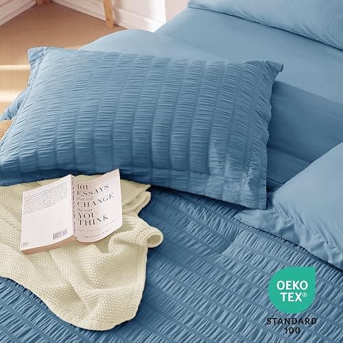 MUXHOMO 7 Pieces Queen Comforter Set, Seersucker Bed in a Bag Queen Size, All Season Luxury Bedding Set with Comforter, Flat Sheet, Fitted Sheet, Pillowcases & Shams, Mineral Blue thumbnail 8