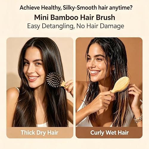 Mini Travel Hair Brush for Detangling Curly, Thick, Wet and Dry Hair | Small Compact Bamboo Brush for Women Girls, Easily Removes Knots; Travel Must-Have for Purse, Car, Office, Gym, Beach & Trips thumbnail 3