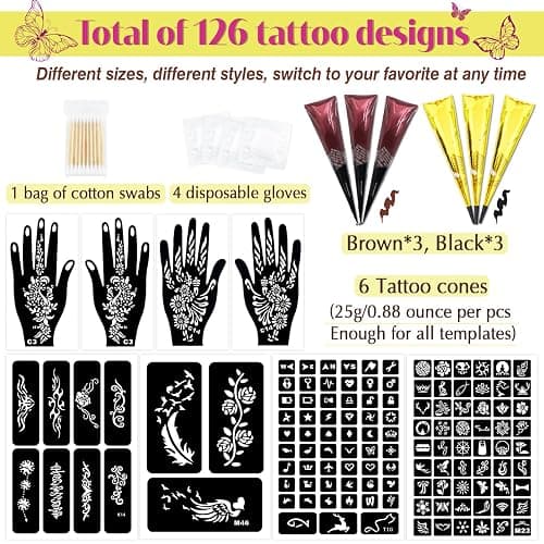 MuseLuxe 126 PCS Temporary Tattoos Stencils Kit,6 Pcs 2 Color(Brown Black) | Temporary Tattoos Kit with ink,Gloves,DIY Body Art Painting for Women Men Adults Kids thumbnail 2