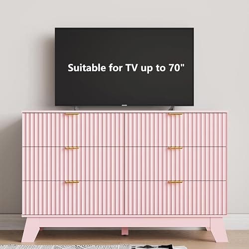 6 Drawer Dresser for Bedroom, Fluted Dressers Chest of Drawers with Gold Handle, Mid Century Modern Dresser for Closet, Wood Closet Storage Organizer Furniture for Bedroom, Living Room, Hallway, Pink thumbnail 3