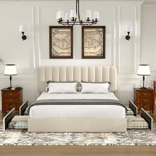 VECELO Full Size Upholstered Bed Frame with 4 Drawers and Headboard, Velvet Platform Storage Bedframe, Wooden Slats Support, No Box Spring Needed,Beige thumbnail 2