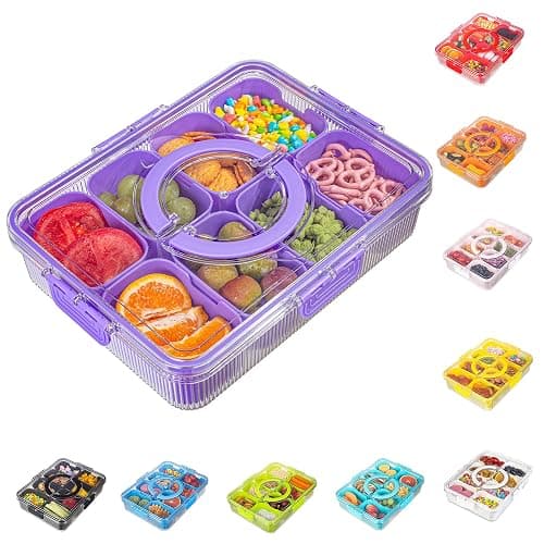 FEIOOD Patent Design Ribbed Snackle Box Container Divided Serving Tray with Lid and Handle -Charcuterie Container Portable Storage Organizer for Candy, Fruit, Beach, Picnics(1 pcs, Purple - Image 1