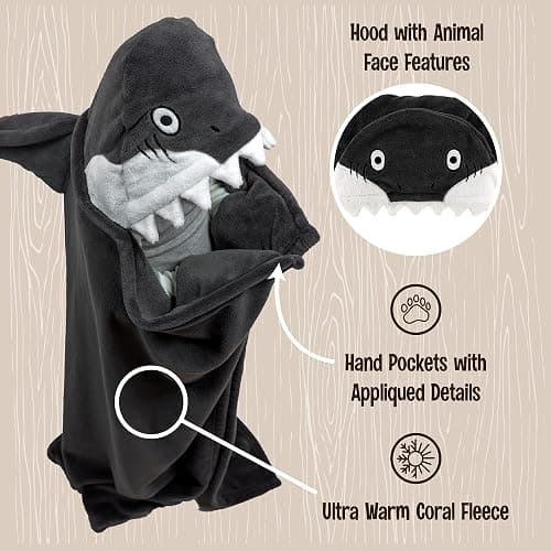 Lazy One Wearable Hooded Blanket for Kids, Animal Hooded Blanket (Shark) thumbnail 6