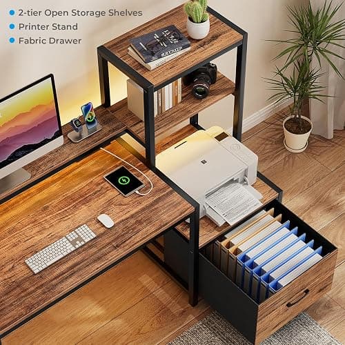 GreenForest Computer Desk with Drawers and Monitor Stand, Home Office Desk with Storage Shelves, Small Gaming Desk with Power Outlets and LED Lights for Study Writing Working, 51 inch Walnut thumbnail 4