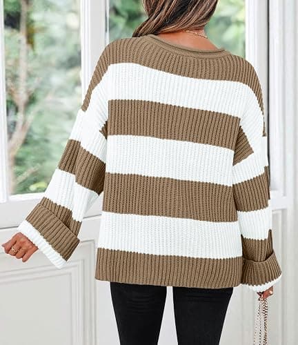 ZESICA Women's 2025 Fall Long Sleeve Oversized Striped Color Block Comfy Loose Crew Neck Knitted Pullover Sweater thumbnail 4