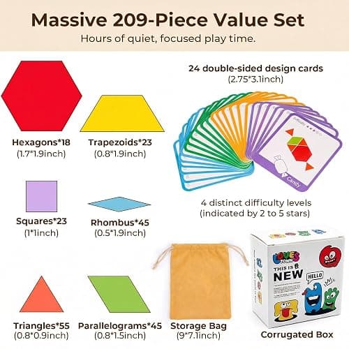 LovesTown 209 PCS Shapes Wooden Pattern Blocks for Kids | Geometric with Activity Cards, Storage Bag, Educational Tangram Puzzles, Great Learning Gift thumbnail 3