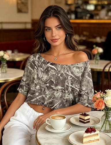 Kistore Off The Shoulder Tops for Women Going Out Short Sleeve Crop Top Boat Neck Loose T Shirt thumbnail 4