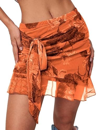 UEOIOW Women's Mesh Mini Skirt Tie High Waist Summer Floral Print Ruched Ruffle Short Skirts - Small - Orange - Image 1