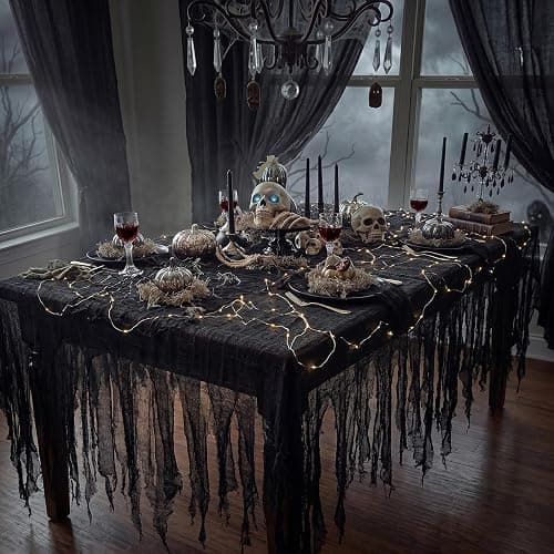 Breling 2 Pcs Halloween Creepy Cloth Black Cloth 98" x 35" Spooky Creepy Gauze with 18.04 ft String Lights Hanging Spooky Decor for Halloween Party Supplies Fireplace Window Table Doorways Decor thumbnail 6