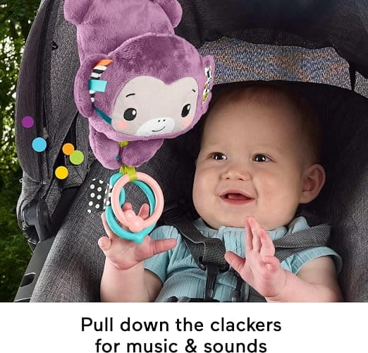 Fisher-Price Baby Stroller Toy Sing & Go Purple Monkey Musical Sensory Plush with Crinkle & Clackers for Newborns from Birth+ thumbnail 2