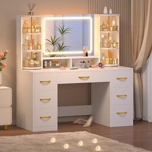 Vanity Desk with Mirror and Lights, White Makeup Vanity Table with 360° Rotating Shelves, Large Vanity Desk with 7 Drawers, Power Outlet, Dressing Table Set with Lighted Mirror Adjustable, for Bedroom thumbnail 7