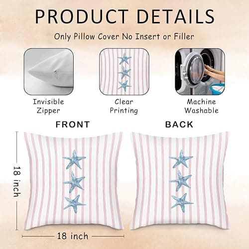 LLOKARNORA Preppy Starfish Seashell Throw Pillow Covers Set of 2, Pink and Blue Striped Pillow Case Cover for Girls Room, Coastal Square Pillowcase, Beachy Coquette Cushion Cover Case for Couch,18x18 thumbnail 2