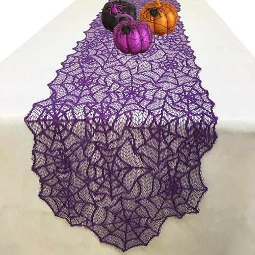 Halloween Table Runner - Purple Lace Spider Web Table Runner for Halloween Masquerade Scary Movie Nights, 13x72 Inch - Image 1