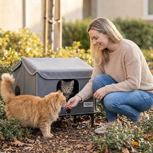 Outdoor Cat House Weatherproof for Spring Summer, Portable Cat Shelter for Stray Cats, No Installation Foldable Cat Tent Enclosure, Ventilated Pet House for Outside Camping Patio Garden（Unheated thumbnail 6