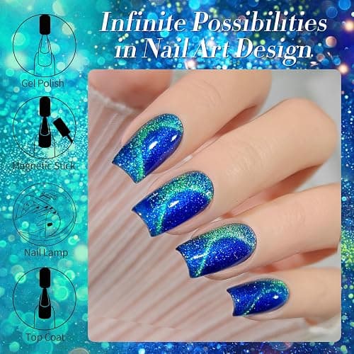 BORN PRETTY Blue Cat Magnetic Eye Gel Nail Polish Holographic Gel Polish | Glitter Cat Magnetic Gel Nail Polish Crystal Magnetic Nail Polish for Vacation Travel Festival Salon DIY at Home 15ML thumbnail 7