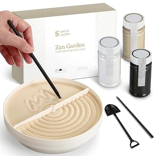 Special Supplies Zen Garden Sand Spinner – Self Spinning Sandscape for Desk, Mindfulness Kit, Stress Relief, Sensory Therapy Tools- Zen Garden Kit (White) - Image 1