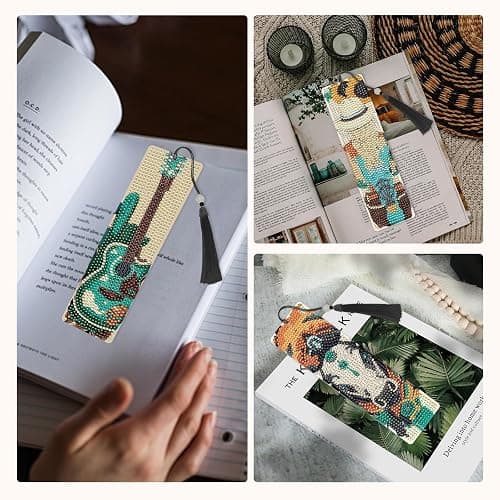 INCOK Western Diamond Art Bookmarks - 4 Pcs DIY Diamond Painting Bookmarks Kits with Tassel Guitar Cow Shoots Art Craft Birthday Festival Gift for Beginner Reading Lover thumbnail 6