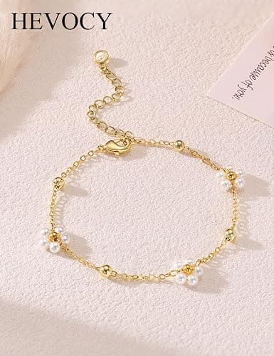 HEVOCY Gold Pearl Bracelets for Women, 14K Gold Plated Dainty Bracelet Set, Adjustable Layered Pearl & Beaded Chain Bracelets, Non Tarnish Lightweight Jewelry Gifts for Women thumbnail 6
