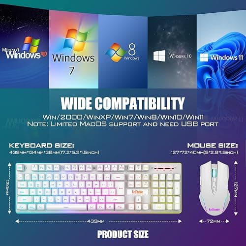 RedThunder K10 Wireless Gaming Keyboard and Mouse Combo, LED Backlit Rechargeable 3800mAh Battery, Mechanical Feel Anti-ghosting Keyboard + 7D 3200DPI Mice for PC Gamer (White) thumbnail 7