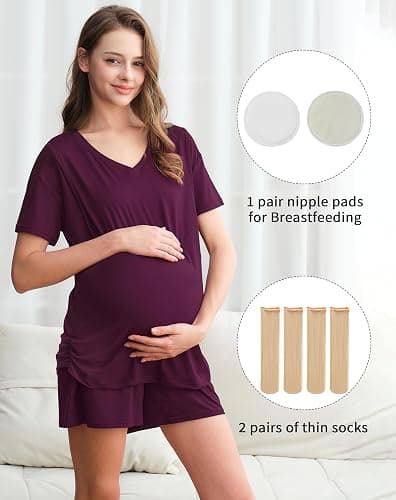 DANSHOW 3 Piece Maternity Nursing Pajamas Set Postpartum Pjs Breastfeeding Sleepwear, Adjustable Waistband thumbnail 2