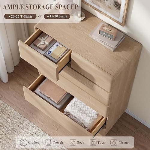 YANSNWO Natural 6 Drawer Dresser for Bedroom, 48" Tall Chest of Drawers | Curved Profile Design, Thickened Base, Handless design, Unique panel design, Bedroom, living room, and hallway storage thumbnail 4