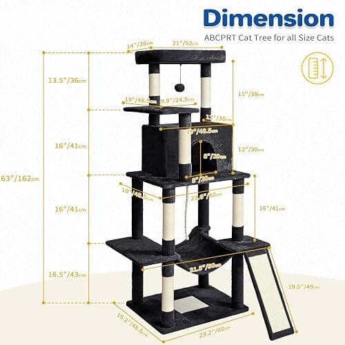 ABCPET Cat Tree Tower 63in Multi-Level Cat Tower for Indoor Cats with Sisal Scratching Posts, Condo, Hammock, Dangling Ball and Extended Platform for Cats to Play, Black thumbnail 9