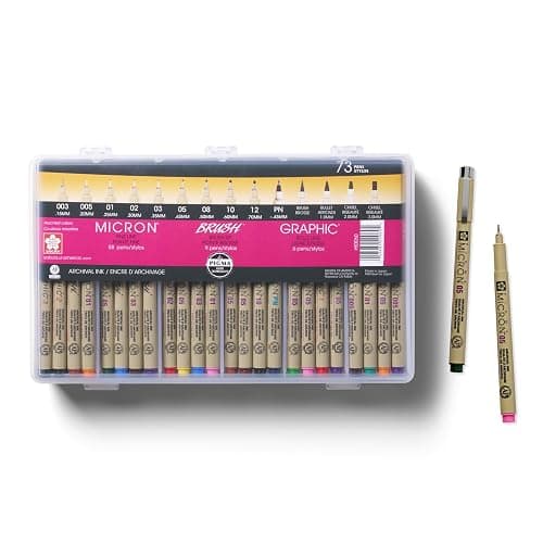 SAKURA Pigma Micron Fineliner Pens - Archival Black and Colored Ink Pens - Pens for Writing, Drawing, or Journaling - Assorted Point Sizes - 73 Pack with Container - Image 1