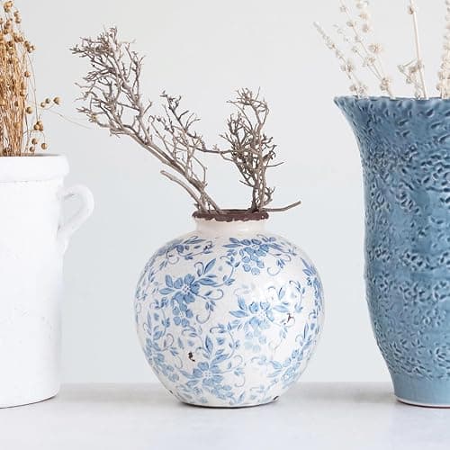 Creative Co-Op DF2720 8" H Terracotta Floral Transferware Pattern & Crackle Finish Vase, Blue thumbnail 2